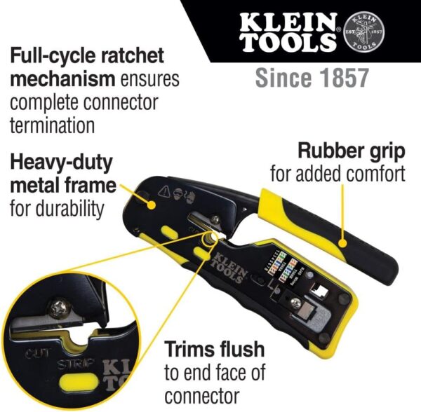 Klein Tools VDV226-110 Ratcheting Modular Data Cable Crimper / Wire Stripper / Wire Cutter for RJ11/RJ12 Standard, RJ45 Pass-Thru Connectors - Image 2
