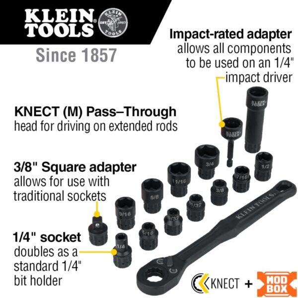 Klein Tools 65400 KNECT 15-Piece Pass Through Socket Set, SAE Impact Socket Set with MODbox Case, Sockets, Bits, Accessories and 3/8-Inch Drive Adapter - Image 3