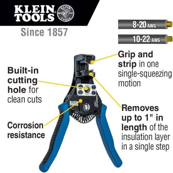 Klein Tools 11063W Wire Cutter / Wire Stripper, Heavy Duty Automatic Wire Stripper Tool for 8-20 AWG Solid and 10-22 AWG Stranded Electrical Wire - Image 3