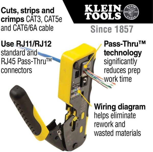 Klein Tools VDV226-110 Ratcheting Modular Data Cable Crimper / Wire Stripper / Wire Cutter for RJ11/RJ12 Standard, RJ45 Pass-Thru Connectors - Image 3
