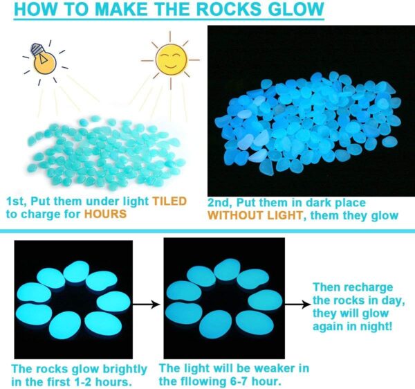 Glow in The Dark Garden Pebbles Stones Rocks for Yard and Walkways Decor, DIY Decorative Luminous Stones in Blue (200 PCS) - Image 3