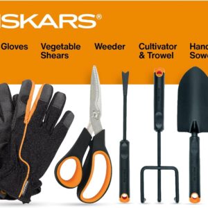 Fiskars Vegetable Garden Tool Set with Vegetable Shears, Seed Sower, Trowel, Cultivator, Weeder, and L/XL Garden Gloves for Indoor or Outdoor Gardening (6 Piece Kit)