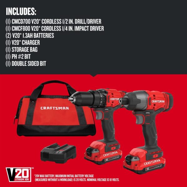 CRAFTSMAN V20 MAX Cordless Drill and Impact Driver, Power Tool Combo Kit with 2 Batteries and Charger (CMCK200C2AM) - Copy - Image 4