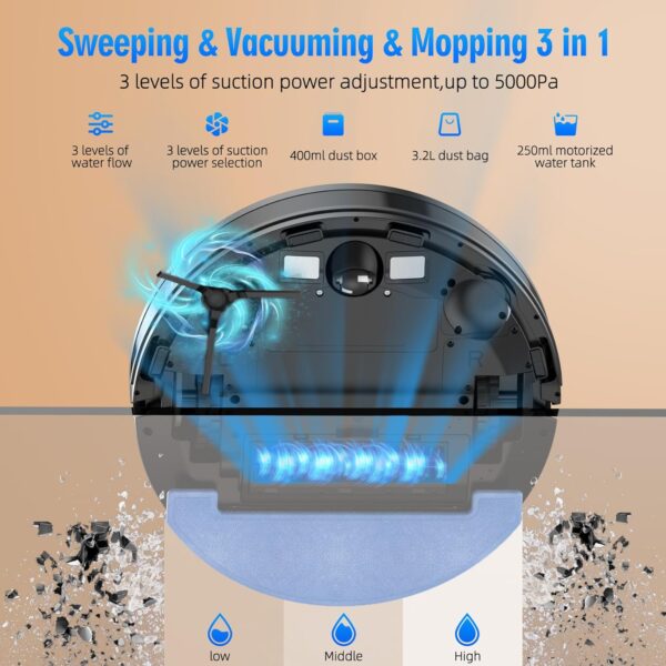 3-in-1 Robot Vacuum and Mop Combo, Self Emptying Station for 60 Days, Robotic Vacuum Cleaner with LiDAR Navigation & Max Strong 5000Pa Suction, 2.4G WiFi/Alexa/App Control, Self-Charging Base - Image 2