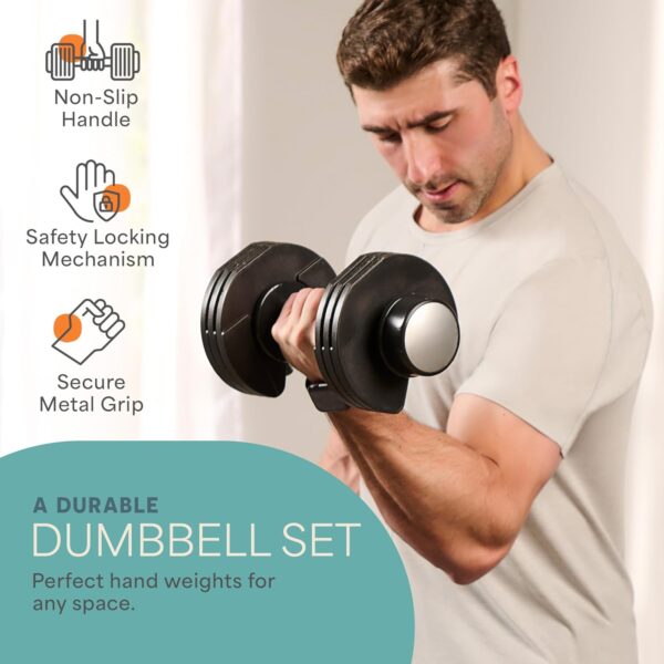 Lifepro Adjustable Dumbbells Set/Single - 15lb 43lb 55lb 90lb 25 lb Dumbbell Sets with Rack - Quick Adjust, Secure Grip weights dumbbells set - Compact Hand Weights for Women/Men at Home Gym - Image 3
