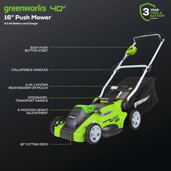 Greenworks 40V 16" Cordless (Push) Lawn Mower (75+ Compatible Tools), 4.0Ah Battery and Charger Included - Image 5