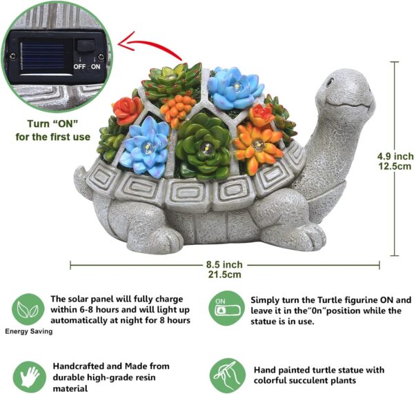 Nacome Solar Garden Outdoor Statues Turtle with Succulent and 7 LED Lights - Lawn Decor Tortoise Statue for Patio, Balcony, Yard Ornament - Unique Housewarming Gifts - Image 3
