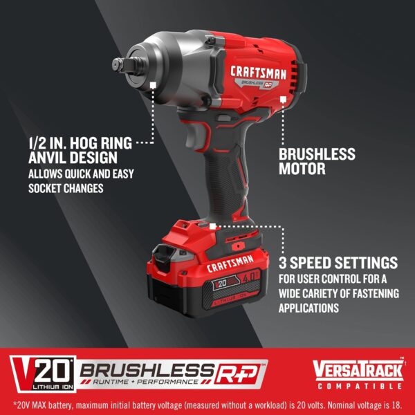 CRAFTSMAN V20 RP Impact Wrench, Cordless, Brushless, High Torque, 1/2 Inch, 4Ah Battery and Charger Included (CMCF940M1) - Image 4