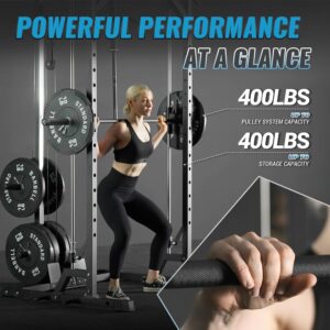 GMWD SmithΔ Machine, 1000LBS Power Cage with LAT Pull Down Pulley System and Cable Row, Multi-Function Squat Rack Cage, More Cable Attachments for Weight Cage Home Gym