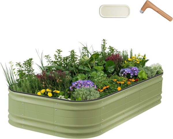 Vego garden 17" Tall 10 in 1 Novel Modular Raised Garden Bed Kit, Metal Planter Box for Vegetables Flowers Herbs, Included 2 in 1 Wrench & Magnetic Plant Tags, Olive Green