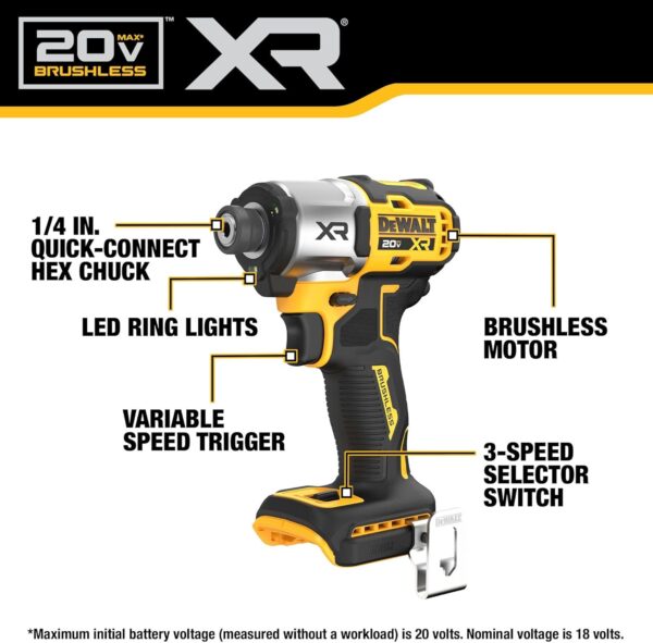 DEWALT 20V MAX XR Impact Driver, Brushless, 1/4", 3-Speed, Bare Tool Only (DCF845B) - Image 5