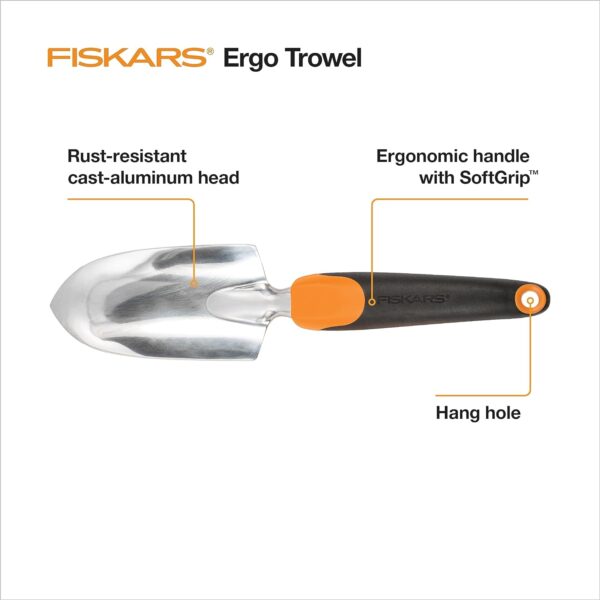 Fiskars Trowel - Heavy Duty Gardening Hand Tool with Hang Hole - For Digging and Planting - Rust Resistant Cast Aluminum - Ergonomic Handle and Comfort Grip - Gardening Tools for Yard - Image 2