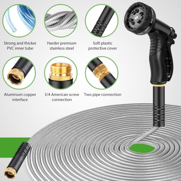 Garden Hose Metal 100FT, Stainless Steel Heavy Duty Water Hose With 10 Function Nozzle, No-Kink, Tough & Flexible, Sturdy and Lightweight, Rust Proof for Yard, Outdoor, RV - Image 3
