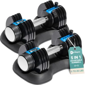 Lifepro Adjustable Dumbbells Set/Single - 15lb 43lb 55lb 90lb 25 lb Dumbbell Sets with Rack - Quick Adjust, Secure Grip weights dumbbells set - Compact Hand Weights for Women/Men at Home Gym