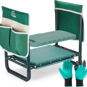 DEERFAMY Garden Stool 10.2" Width, Garden Kneeler and Seat Load Cap 350 lbs, Heavy Duty Gardening Stool with Extra Kneeling Pad, 2 Tool Pouches, Claw Gloves, Gift for Women Seniors, Green