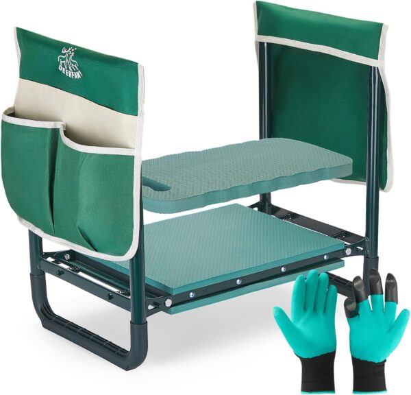 DEERFAMY Garden Stool 10.2" Width, Garden Kneeler and Seat Load Cap 350 lbs, Heavy Duty Gardening Stool with Extra Kneeling Pad, 2 Tool Pouches, Claw Gloves, Gift for Women Seniors, Green