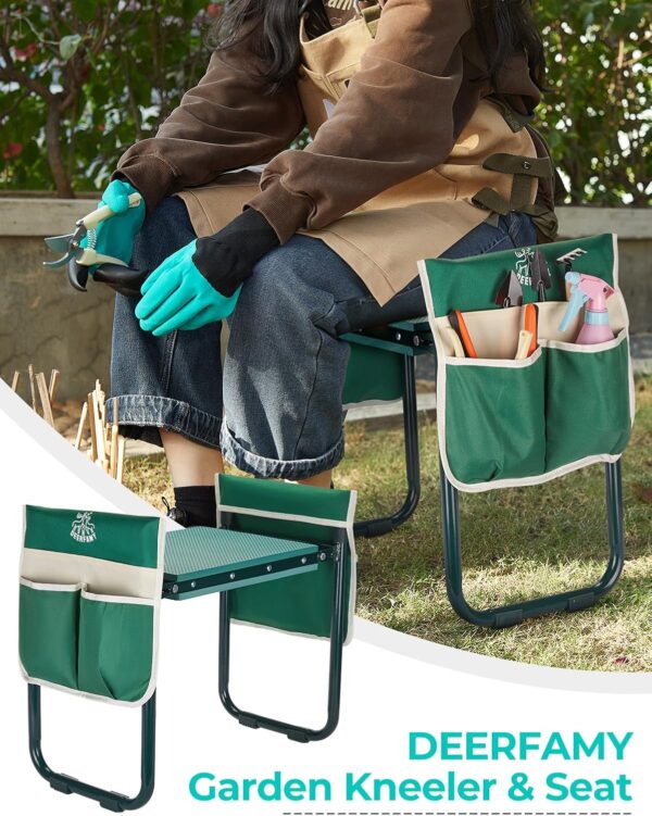 DEERFAMY Garden Stool 10.2" Width, Garden Kneeler and Seat Load Cap 350 lbs, Heavy Duty Gardening Stool with Extra Kneeling Pad, 2 Tool Pouches, Claw Gloves, Gift for Women Seniors, Green - Image 3