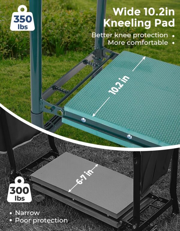 DEERFAMY Garden Stool 10.2" Width, Garden Kneeler and Seat Load Cap 350 lbs, Heavy Duty Gardening Stool with Extra Kneeling Pad, 2 Tool Pouches, Claw Gloves, Gift for Women Seniors, Green - Image 4