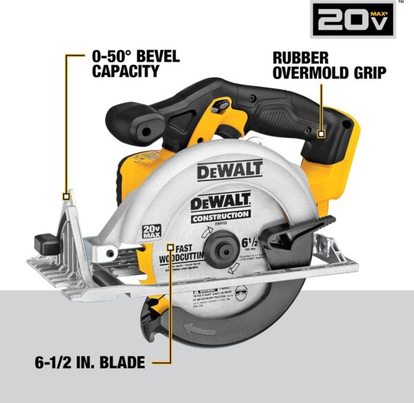 DEWALT 20V MAX Circular Saw, 6-1/2-Inch Blade, 460 MWO Engine, 0-50 Degree Bevel Capability, Bare Tool Only (DCS391B) - Image 4