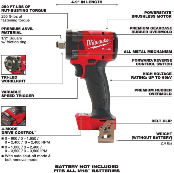 Milwaukee 2855-20 18V Brushless Cordless 1/2" Impact Wrench with Friction Ring - Image 3