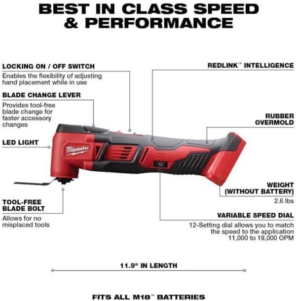 Milwaukee 2626-20 M18 18V Lithium Ion Cordless 18,000 OPM Orbiting Multi Tool with Woodcutting Blades and Sanding Pad with Sheets Included (Battery Not Included, Power Tool Only) - Image 3